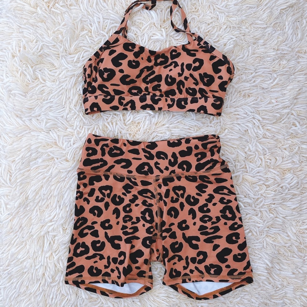 leopard sports bra and biker shorts